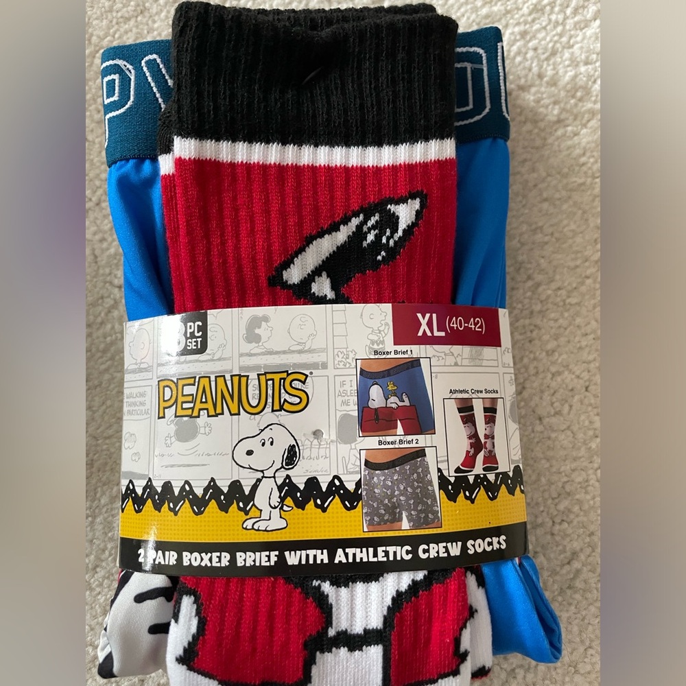 Peanuts Mens’ Red, Blue & Black Boxer Briefs and Crew Socks Set